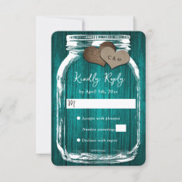 Teal Rustic Wood Mason Jar Fall Wedding 出欠カード