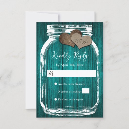 Teal Rustic Wood Mason Jar Fall Wedding 出欠カード (正面)