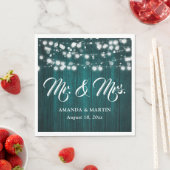 Teal Rustic Wood String Lights Mr and Mrs Wedding スタンダードランチョンナプキン (インサイチュ)