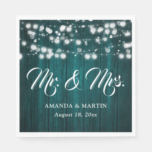 Teal Rustic Wood String Lights Mr and Mrs Wedding スタンダードランチョンナプキン (正面)