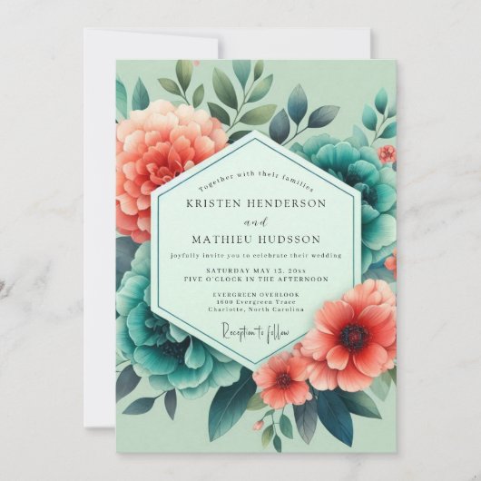 Teal Salmon Aquarelle Wedding 招待状 (正面)