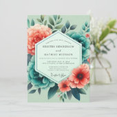 Teal Salmon Aquarelle Wedding 招待状 (スタンド正面)