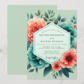 Teal Salmon Aquarelle Wedding 招待状 (正面/裏面)