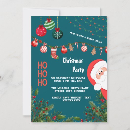 Teal Santa & Ornaments Christmas Party 招待状 (正面)