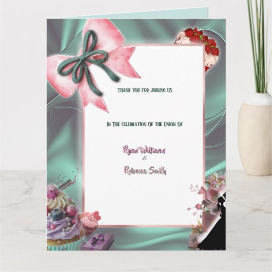 Teal Satin Folded Wedding Thank You Card サンキューカード (正面)