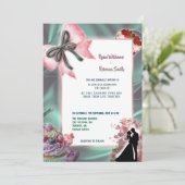 Teal Satin & Pink Bow Wedding Invitation 招待状 (スタンド正面)