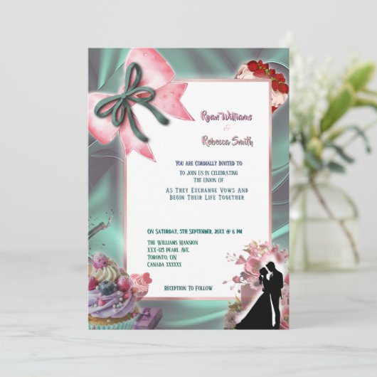 Teal Satin & Pink Bow Wedding Invitation 招待状 (スタンド正面)