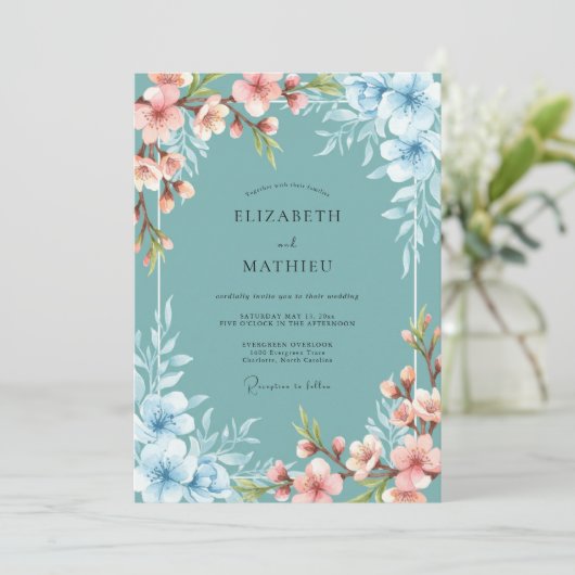 Teal Serene Blossom Spring Wedding 招待状 (スタンド正面)