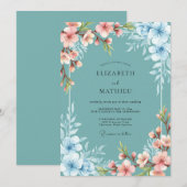 Teal Serene Blossom Spring Wedding 招待状 (正面/裏面)
