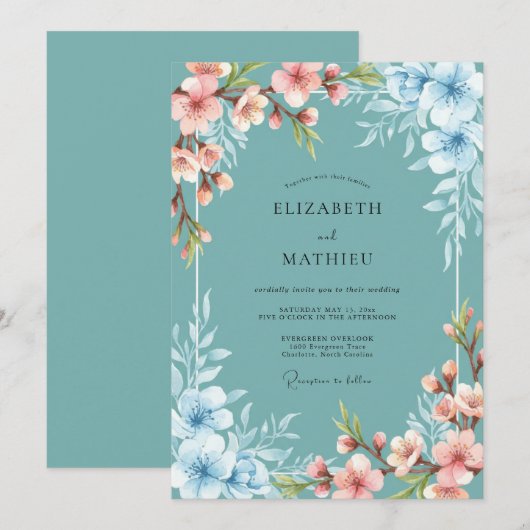 Teal Serene Blossom Spring Wedding 招待状 (正面/裏面)