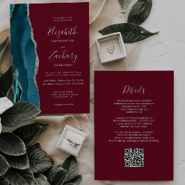 Teal Silver Agate Burgundy QR Code Wedding 招待状