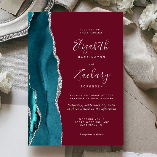 Teal Silver Agate Burgundy Wedding Invitation 招待状