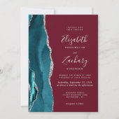 Teal Silver Agate Burgundy Wedding Invitation 招待状 (正面)