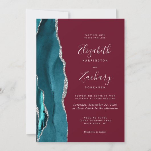 Teal Silver Agate Burgundy Wedding Invitation 招待状 (正面)