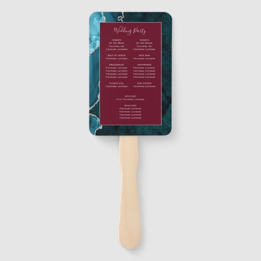 Teal Silver Agate Burgundy Wedding Program ハンドファン (裏面)