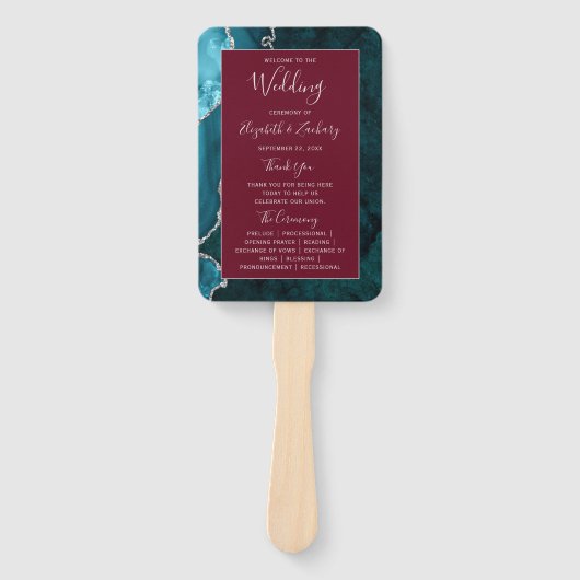 Teal Silver Agate Burgundy Wedding Program ハンドファン (正面)