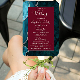 Teal Silver Agate Burgundy Wedding Program ハンドファン
