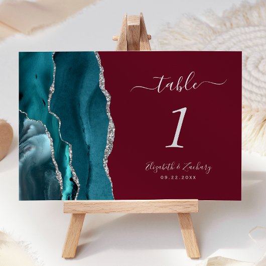 Teal Silver Agate Burgundy Wedding Table Number テーブルナンバー