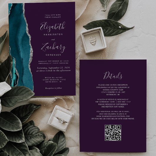 Teal Silver Agate Purple QR Code Wedding 招待状