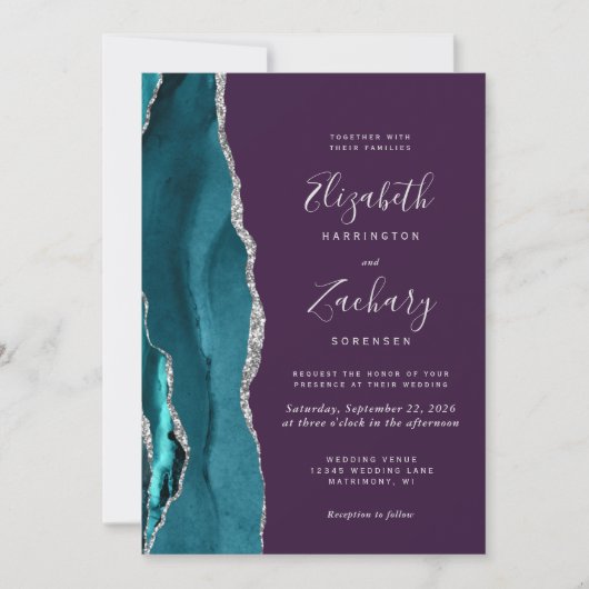 Teal Silver Agate Purple QR Code Wedding 招待状 (正面)