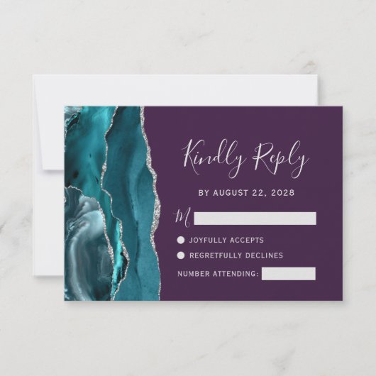 Teal Silver Agate Purple Wedding 出欠カード (正面)