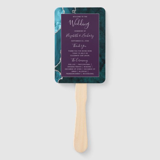 Teal Silver Agate Purple Wedding Program ハンドファン (正面)