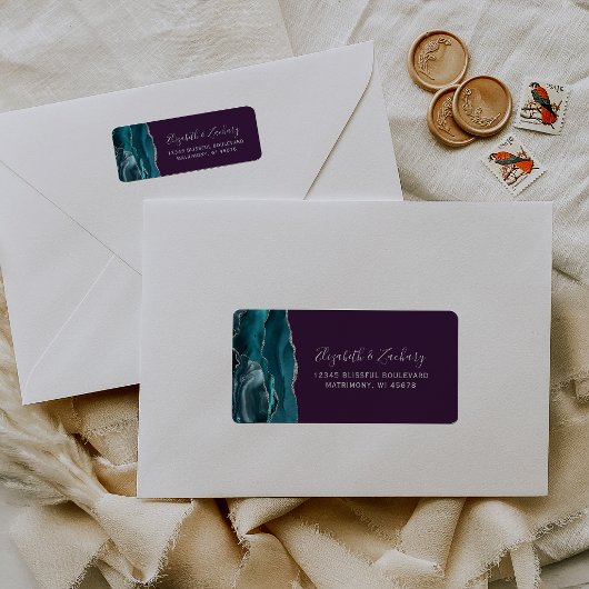 Teal Silver Agate Purple Wedding Return Address ラベル
