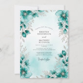 Teal Silver Botanical Winter Wedding 招待状 (正面)
