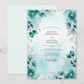 Teal Silver Botanical Winter Wedding 招待状 (正面/裏面)