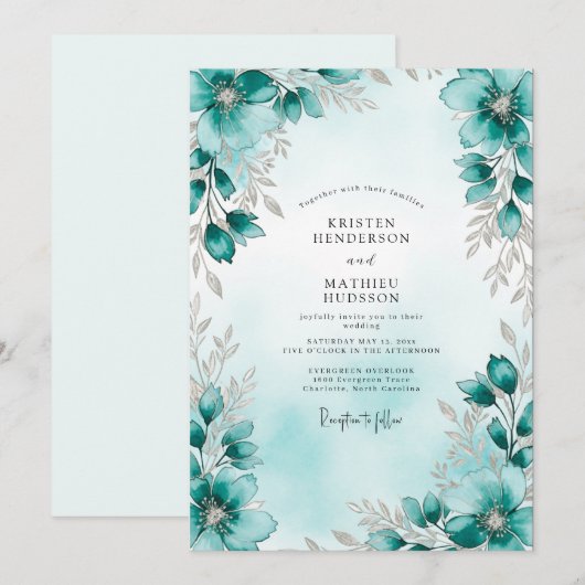 Teal Silver Botanical Winter Wedding 招待状 (正面/裏面)