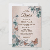 Teal Silver Floral Butterfly Tan Bridal Shower 招待状 (正面)