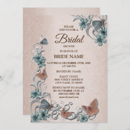 Teal Silver Floral Butterfly Tan Bridal Shower 招待状