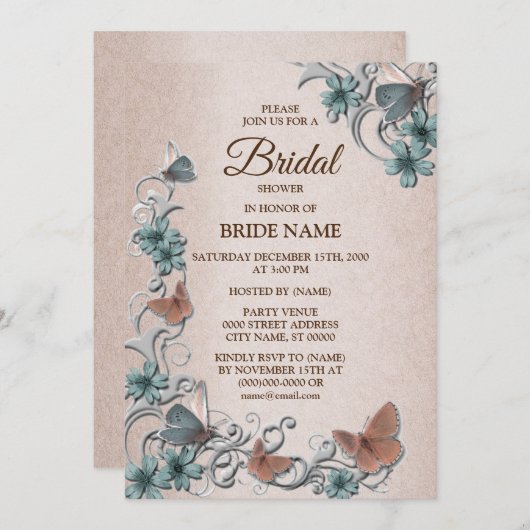 Teal Silver Floral Butterfly Tan Bridal Shower 招待状 (正面/裏面)