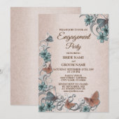 Teal Silver Floral Butterfly Tan Engagement party 招待状 (正面/裏面)