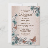 Teal Silver Floral Butterfly Tan Rehearsal Dinner 招待状 (正面)