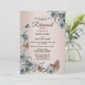 Teal Silver Floral Butterfly Tan Rehearsal Dinner 招待状 (スタンド正面)