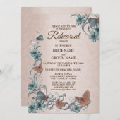 Teal Silver Floral Butterfly Tan Rehearsal Dinner 招待状 (正面/裏面)