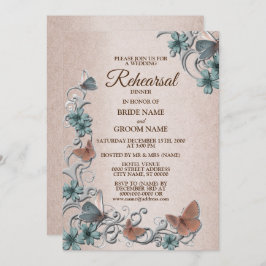 Teal Silver Floral Butterfly Tan Rehearsal Dinner 招待状