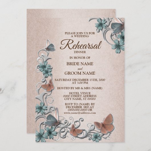 Teal Silver Floral Butterfly Tan Rehearsal Dinner 招待状 (正面/裏面)