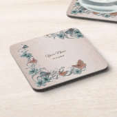 Teal Silver Floral Copper Butterfly Tan Wedding コースター (左側)