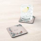Teal Silver Floral Copper Butterfly Tan Wedding コースター (右側)