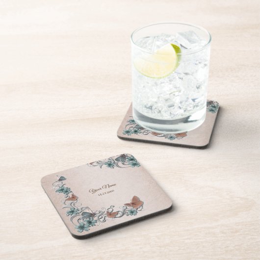Teal Silver Floral Copper Butterfly Tan Wedding コースター (右側)