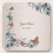 Teal Silver Floral Copper Butterfly Tan Wedding コースター (正面)