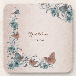 Teal Silver Floral Copper Butterfly Tan Wedding コースター