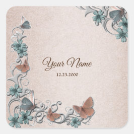 Teal Silver Floral Copper Butterfly Tan Wedding スクエアシール