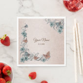 Teal Silver Floral Copper Butterfly Tan Wedding スタンダードランチョンナプキン (インサイチュ)
