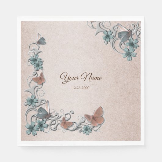 Teal Silver Floral Copper Butterfly Tan Wedding スタンダードランチョンナプキン (正面)