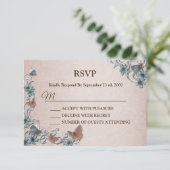 Teal Silver Floral Copper Butterfly Tan Wedding 出欠カード (スタンド正面)