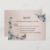 Teal Silver Floral Copper Butterfly Tan Wedding 出欠カード (正面/裏面)