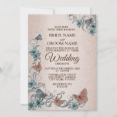 Teal Silver Floral Copper Butterfly Tan Wedding 招待状 (正面)